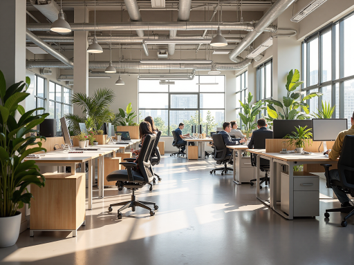 现代化办公环境，宽敞明亮的会议室，员工正在讨论项目，白色墙壁，绿色植物装饰，自然光线充足